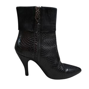 Marchez Vous Black Textured Leather Heeled Ankle Boots Suede Cuff Italy Size 6.5